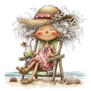 Può includere: Illustrazione di un cartone animato di una persona sorridente che si rilassa su una sedia a sdraio. La persona indossa un cappello di paglia con una fascia a pois rossi e un vestito a pois rosa. Tiene in mano una bevanda tropicale con una cannuccia.
