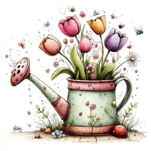 Puede incluir: Ilustración caprichosa de una regadera llena de tulipanes coloridos. La regadera es verde claro con detalles rosas y está rodeada de mariposas, mariquitas y pequeñas flores. Los tulipanes son rosas, naranjas y morados.