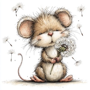 May include: An illustration of a mouse with brown fur, large ears, and a pink nose, holding a dandelion. Dandelion seeds float around the mouse. The artwork has a soft, whimsical style, with a focus on the mouse and the flower.