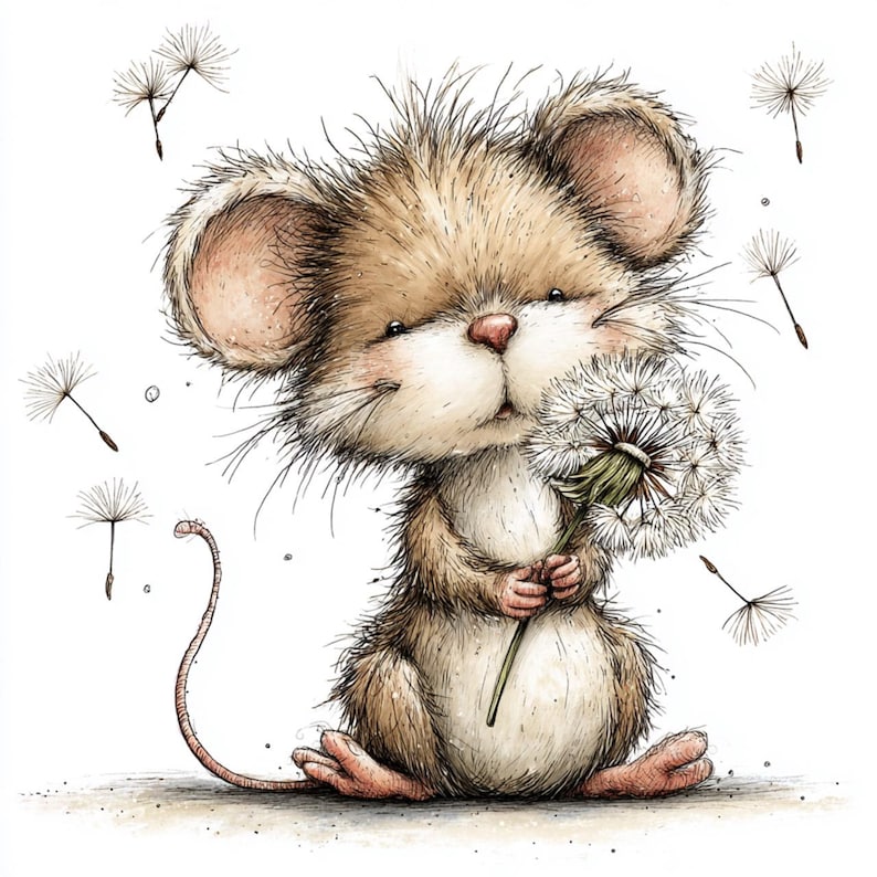 May include: An illustration of a mouse with brown fur, large ears, and a pink nose, holding a dandelion. Dandelion seeds float around the mouse. The artwork has a soft, whimsical style, with a focus on the mouse and the flower.