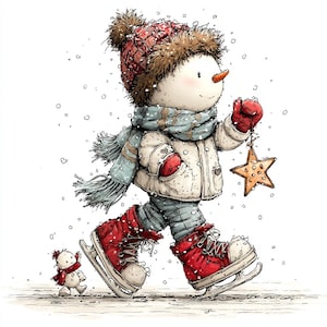 Op de afbeelding: Een grillige illustratie van een sneeuwpop die schaatst in een winterse sc&egrave;ne. De sneeuwpop draagt een rood-bruine hoed, een blauwe sjaal, een witte jas, rode wanten en rode schaatsen. Hij houdt een ster vast.