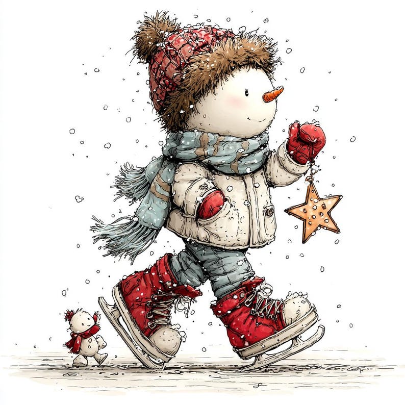 Op de afbeelding: Een grillige illustratie van een sneeuwpop die schaatst in een winterse sc&egrave;ne. De sneeuwpop draagt een rood-bruine hoed, een blauwe sjaal, een witte jas, rode wanten en rode schaatsen. Hij houdt een ster vast.