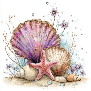 30 imágenes prediseñadas JPG de conchas marinas rosas caprichosas, linda ilustración de fantasía oceánica de verano, arte bajo el mar, JPG para uso comercial