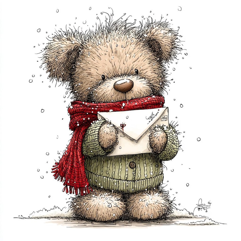 K&ouml;nnte beinhalten: Illustration eines Teddyb&auml;ren in einer Winterszene. Der B&auml;r tr&auml;gt einen roten Schal und einen gr&uuml;nen Pullover und h&auml;lt einen wei&szlig;en Umschlag mit einer roten Schleife. Schneeflocken fallen, was eine gem&uuml;tliche, festliche Atmosph&auml;re schafft.