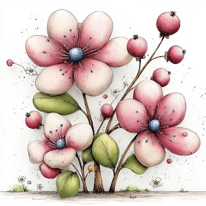 Puede incluir: Ilustraci&oacute;n caprichosa de flores rosas estilizadas con centros azules y bayas rojas. Hojas verdes y tallos marrones completan el arreglo floral. La obra de arte tiene una apariencia suave y texturizada sobre un fondo blanco.