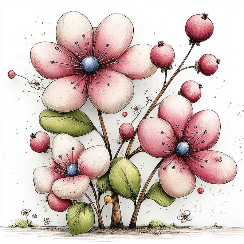 Puede incluir: Ilustraci&oacute;n caprichosa de flores rosas estilizadas con centros azules y bayas rojas. Hojas verdes y tallos marrones completan el arreglo floral. La obra de arte tiene una apariencia suave y texturizada sobre un fondo blanco.