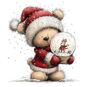 K&ouml;nnte beinhalten: Eine Illustration eines Teddyb&auml;ren mit roter Weihnachtsm&uuml;tze und Pullover, der eine Schneekugel mit einem Rentier h&auml;lt. Schneeflocken fallen, wodurch eine festliche Weihnachtsszene entsteht. Ein charmantes saisonales Design.