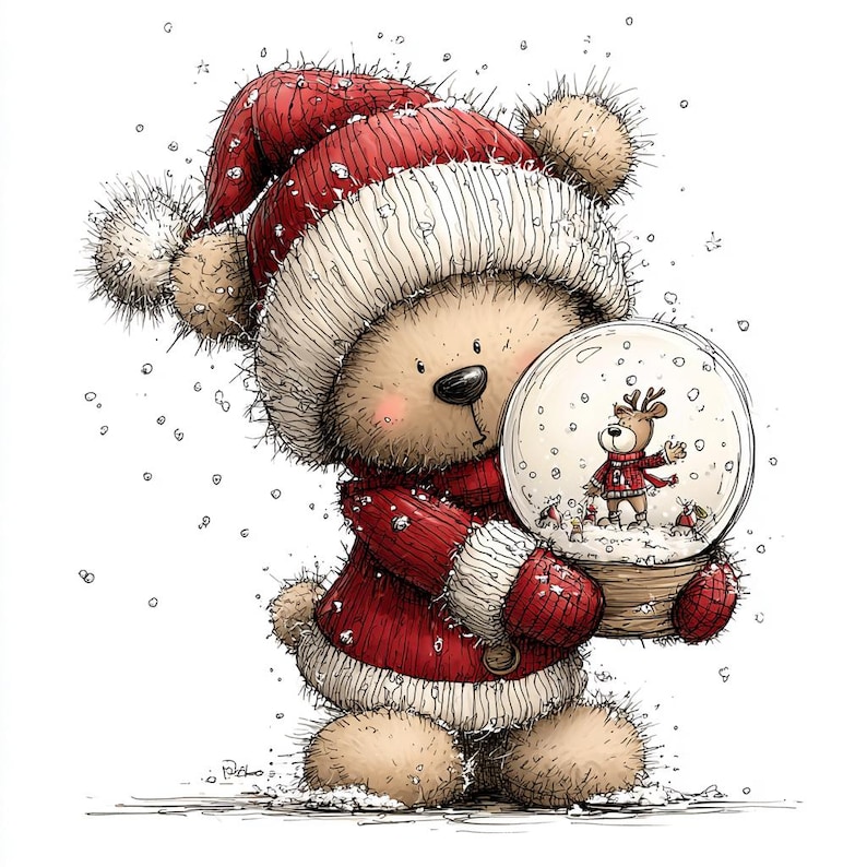 K&ouml;nnte beinhalten: Eine Illustration eines Teddyb&auml;ren mit roter Weihnachtsm&uuml;tze und Pullover, der eine Schneekugel mit einem Rentier h&auml;lt. Schneeflocken fallen, wodurch eine festliche Weihnachtsszene entsteht. Ein charmantes saisonales Design.