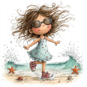 May include: A cheerful illustration of a girl in a light blue floral dress and pink trainers, playing on a beach. She wears sunglasses and is surrounded by splashing water, starfish, and seashells. The image conveys a feeling of happiness and summer enjoyment.