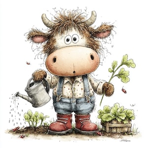 May include: A whimsical illustration of a cow character gardening. The cow wears overalls, a dotted shirt, and red boots, holding a watering can and a plant. The artwork features a garden scene with plants and ladybugs, all set against a white background.