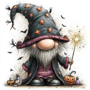 May include: A wizard gnome illustration featuring a tall dark blue hat with orange stars, a long white beard, and a dark robe. The gnome holds a glowing star-tipped wand, surrounded by small bats, a carved orange pumpkin, and glass potion bottles.