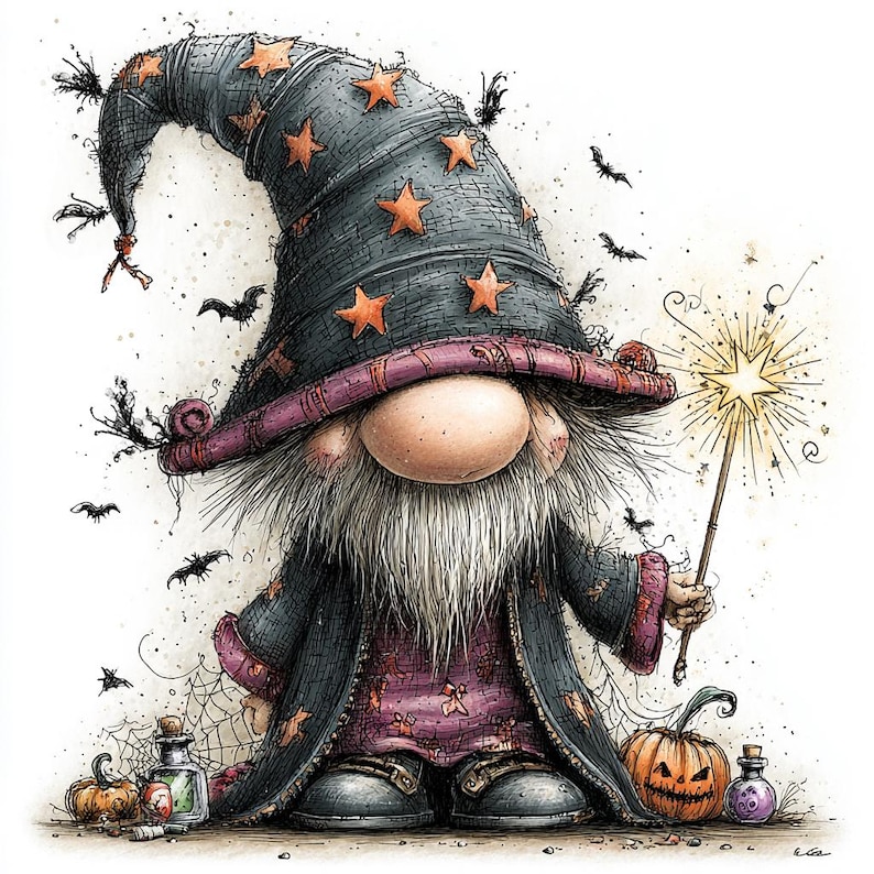 May include: A wizard gnome illustration featuring a tall dark blue hat with orange stars, a long white beard, and a dark robe. The gnome holds a glowing star-tipped wand, surrounded by small bats, a carved orange pumpkin, and glass potion bottles.