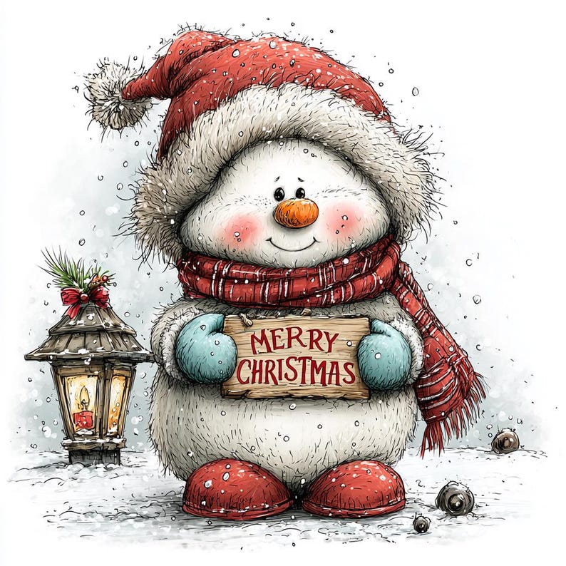 May include: A fluffy white snowman wearing a red winter hat with a white pom-pom, a red scarf, and red boots. The snowman holds a wooden sign that reads MERRY CHRISTMAS in red letters. Beside the snowman stands a dark metal lantern with a lit candle.