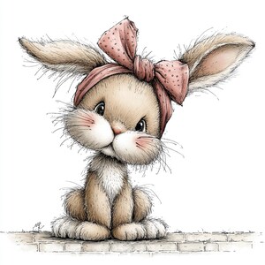 May include: A charming illustration of a bunny with a pink bow and headband. The bunny has soft brown fur, rosy cheeks, and big, expressive eyes. The artwork is detailed with delicate lines and shading, giving it a whimsical feel.
