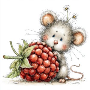 May include: A charming illustration of a cartoon mouse with gray fur, holding a large red raspberry. The mouse has big ears, blue eyes, and a pink nose. Two small white flowers are in its fur. The raspberry is detailed with green leaves.