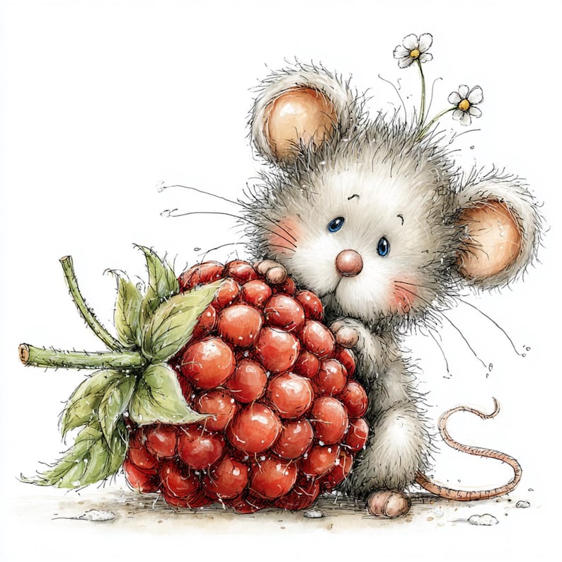 May include: A charming illustration of a cartoon mouse with gray fur, holding a large red raspberry. The mouse has big ears, blue eyes, and a pink nose. Two small white flowers are in its fur. The raspberry is detailed with green leaves.