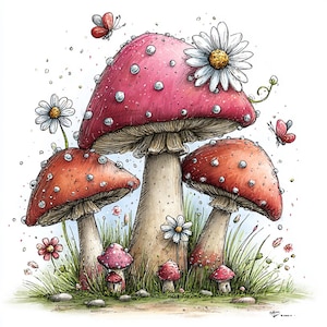 May include: Watercolor illustration of whimsical mushrooms with red caps and white spots, adorned with daisies and butterflies. The artwork features a fantasy theme with detailed shading and a soft color palette, set against a white background.
