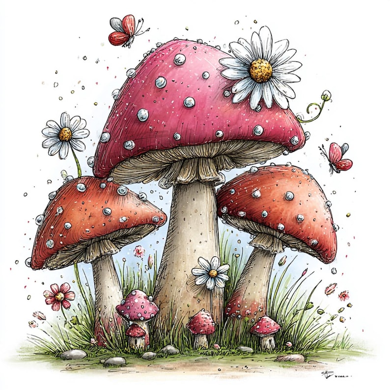 May include: Watercolor illustration of whimsical mushrooms with red caps and white spots, adorned with daisies and butterflies. The artwork features a fantasy theme with detailed shading and a soft color palette, set against a white background.
