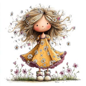 May include: A charming illustration of a girl with blonde hair decorated with daisies. She wears a yellow dress with white daisy patterns and pink trim, and cream-coloured boots. The artwork is set against a white background with scattered flowers and grass.