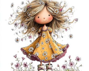 32 JPG Flicka & Blomma Vår Clipart: Nyckfull Barnkammargrafik (Digital Nedladdning)