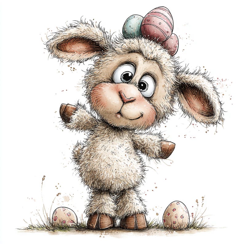 May include: A whimsical illustration of a fluffy sheep with large eyes and a cheerful expression. The sheep has three decorated Easter eggs on its head and stands near two more eggs on the ground. The artwork is done in a watercolor style with soft colors.