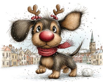 May include: A cartoon illustration of a small, fluffy brown and black dog with large ears, wearing a red scarf and reindeer antlers with red berries. The dog has a bright red nose and stands in a snowy town square with buildings.