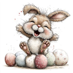 Puede incluir: Ilustración en acuarela de un conejo de Pascua feliz con la boca abierta, sentado sobre varios huevos de Pascua decorados. El conejo es marrón con mejillas y nariz rosas. Los huevos son de colores pastel con diseños florales y de lunares.