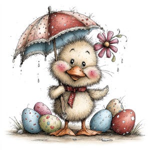 May include: A delightful illustration of a fluffy yellow duckling sheltering under a red and white spotted umbrella, with a red scarf and rosy cheeks. Decorated Easter eggs are at its feet, and a pink flower is nearby. The artwork has a whimsical, hand-drawn style.