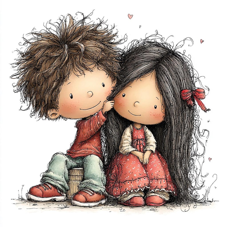 May include: A whimsical illustration of two cartoon children. A boy in a red shirt and blue jeans playfully touches the long black hair of a girl in a red dress. The image has a soft, hand-drawn style with hearts floating in the background.
