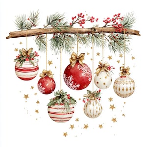 Op de afbeelding: Een aquarelillustratie van een horizontale dennentak versierd met rode bessen en zeven hangende kerstballen. De ballen hebben rode en witte strepen, sneeuwvlokpatronen en gouden accenten, elk bekroond met een gouden strik als versiering.