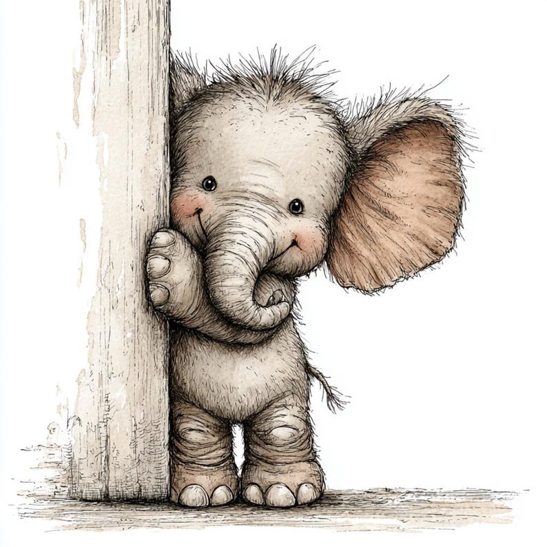 May include: A charming illustration of a baby elephant peeking from behind a wooden post. The elephant is gray with large, floppy ears and a curled trunk. It has a sweet expression with rosy cheeks and a small smile. The artwork is detailed with fine lines and shading.