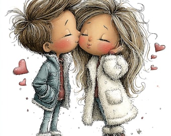 May include: A digital illustration of a boy and girl kissing, with hearts floating around them. The boy wears a blue jacket and the girl wears a white coat. Both are wearing boots. The image has a cartoon style.