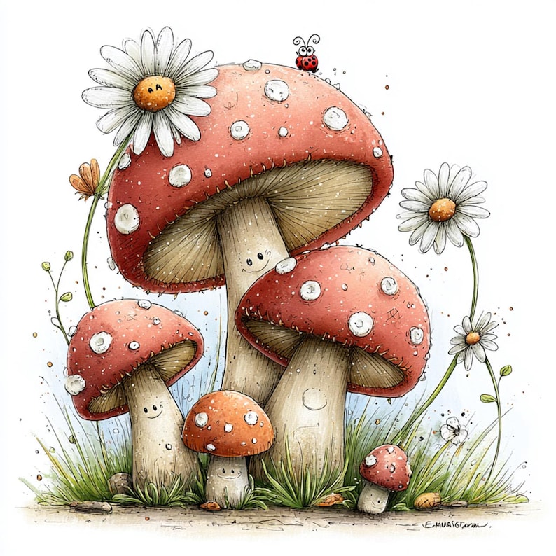 May include: A whimsical illustration of several red mushrooms with white spots, each with a smiling face. Daisies and blades of grass surround the mushrooms, and a ladybug rests on top of one. The artwork has a watercolor style.