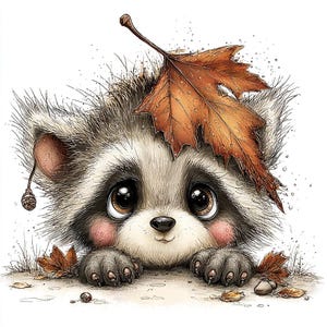 May include: An adorable raccoon illustration with large brown eyes, a big orange leaf on its head, and autumn leaves scattered around. The raccoon has grey and white fur, pink cheeks, and is peeking over the edge of the image.