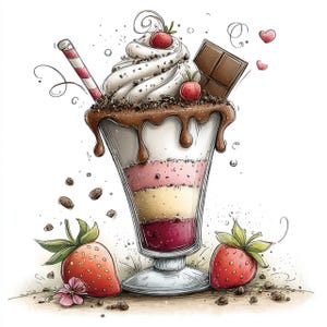 May include: A colourful illustration of a layered dessert in a tall glass. The dessert has layers of red, pink, and yellow, topped with whipped cream, chocolate shavings, and a chocolate square. Strawberries and a striped straw are also included.