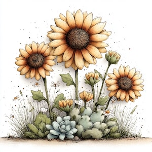 Puede incluir: Ilustraci&oacute;n en acuarela de girasoles en varias etapas de floraci&oacute;n. Los girasoles tienen p&eacute;talos amarillos y centros de color marr&oacute;n oscuro. Hojas y tallos verdes sostienen las flores, con peque&ntilde;as flores y vegetaci&oacute;n en la base. El fondo es blanco con peque&ntilde;as motas negras.
