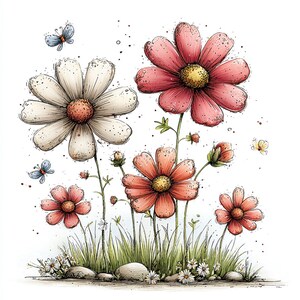 Puede incluir: Una ilustraci&oacute;n en acuarela de flores y mariposas coloridas. La imagen presenta grandes flores rosas y blancas con centros amarillos, rodeadas de hierba verde, peque&ntilde;as rocas y peque&ntilde;as flores blancas. Mariposas azules revolotean alrededor de las flores.