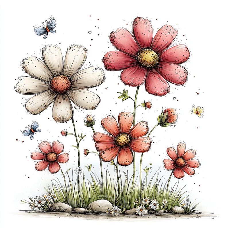 Puede incluir: Una ilustraci&oacute;n en acuarela de flores y mariposas coloridas. La imagen presenta grandes flores rosas y blancas con centros amarillos, rodeadas de hierba verde, peque&ntilde;as rocas y peque&ntilde;as flores blancas. Mariposas azules revolotean alrededor de las flores.