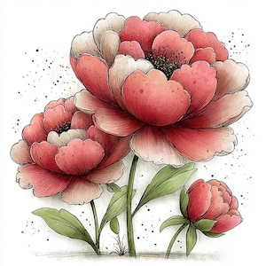 Puede incluir: Ilustraci&oacute;n en acuarela de tres peon&iacute;as en plena floraci&oacute;n, con un capullo. Las flores tienen capas de p&eacute;talos rosas y blancos, con tallos y hojas verdes. Salpicaduras negras dispersas alrededor de las flores sobre un fondo blanco.