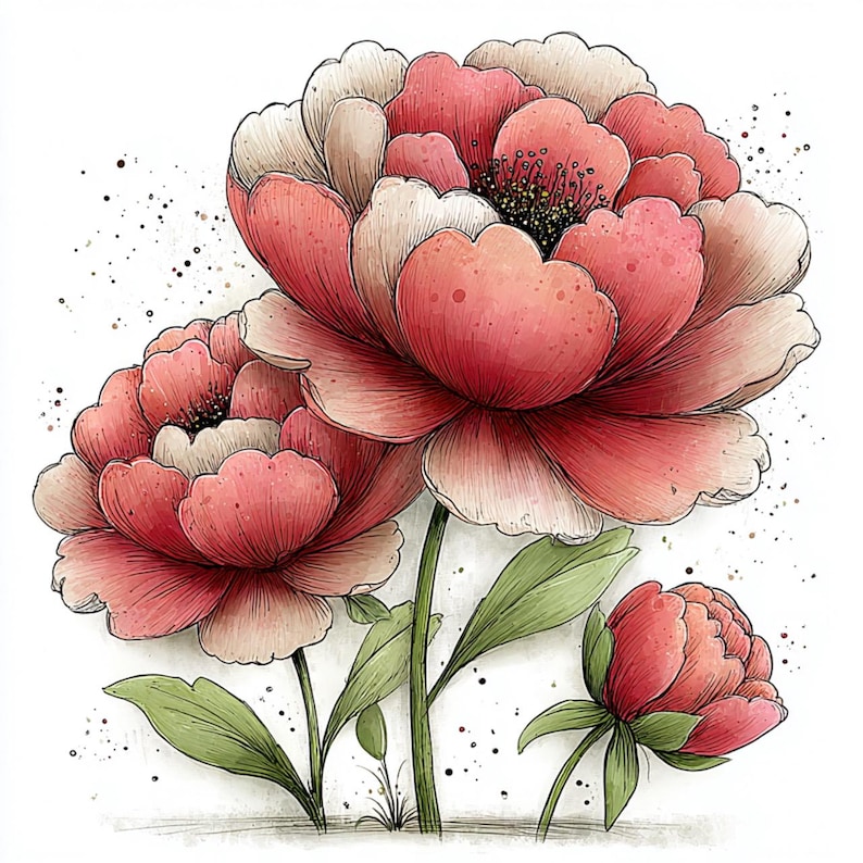 Puede incluir: Ilustraci&oacute;n en acuarela de tres peon&iacute;as en plena floraci&oacute;n, con un capullo. Las flores tienen capas de p&eacute;talos rosas y blancos, con tallos y hojas verdes. Salpicaduras negras dispersas alrededor de las flores sobre un fondo blanco.
