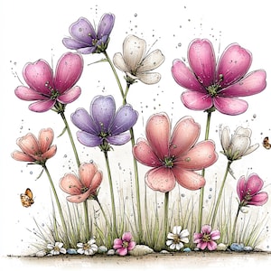 Peut inclure: Une illustration &agrave; l'aquarelle de fleurs color&eacute;es dans un champ. Les fleurs sont dans des tons de rose, de violet et de blanc, avec des tiges vertes et des brins d'herbe. Deux petits papillons sont &eacute;galement pr&eacute;sents.