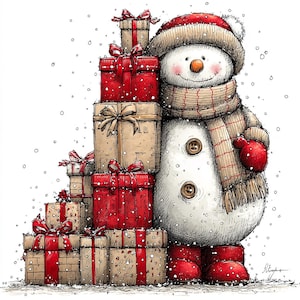 Puede incluir: Una ilustraci&oacute;n caprichosa de un mu&ntilde;eco de nieve con una pila de regalos. El mu&ntilde;eco de nieve lleva un gorro, bufanda y mitones rojos, con una nariz de zanahoria y ojos de bot&oacute;n. Los regalos son rojos y beige, atados con lazos rojos, y caen copos de nieve.