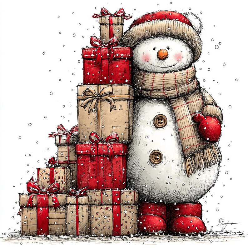 Puede incluir: Una ilustraci&oacute;n caprichosa de un mu&ntilde;eco de nieve con una pila de regalos. El mu&ntilde;eco de nieve lleva un gorro, bufanda y mitones rojos, con una nariz de zanahoria y ojos de bot&oacute;n. Los regalos son rojos y beige, atados con lazos rojos, y caen copos de nieve.