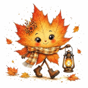 May include: A cartoon maple leaf character with large eyes and rosy cheeks, wearing a plaid scarf and brown boots. The leaf figure holds a lit metal lantern in one hand, surrounded by smaller falling orange and yellow autumn leaves on a white background.