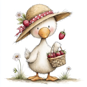 May include: A charming cartoon goose wearing a straw hat with a red polka dot ribbon and a strawberry accent. The goose holds a woven basket filled with strawberries and stands near daisies. The illustration has a whimsical, storybook style.