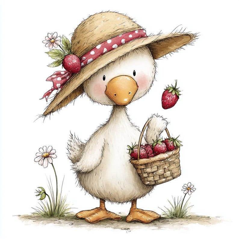 May include: A charming cartoon goose wearing a straw hat with a red polka dot ribbon and a strawberry accent. The goose holds a woven basket filled with strawberries and stands near daisies. The illustration has a whimsical, storybook style.