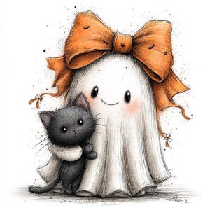 May include: A whimsical illustration of a friendly ghost wearing a large orange bow, embracing a black kitten. The ghost has rosy cheeks and a gentle smile. The artwork has a hand-drawn style with ink splatters.