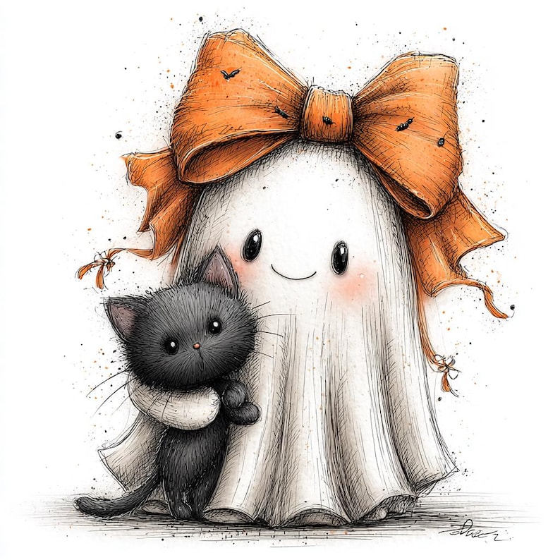 May include: A whimsical illustration of a friendly ghost wearing a large orange bow, embracing a black kitten. The ghost has rosy cheeks and a gentle smile. The artwork has a hand-drawn style with ink splatters.
