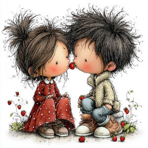 May include: A whimsical illustration depicts two cartoon children sharing a strawberry kiss. The girl wears a red polka-dot dress, while the boy is in a beige jacket and blue jeans. They sit among strawberry plants, creating a sweet, romantic scene.