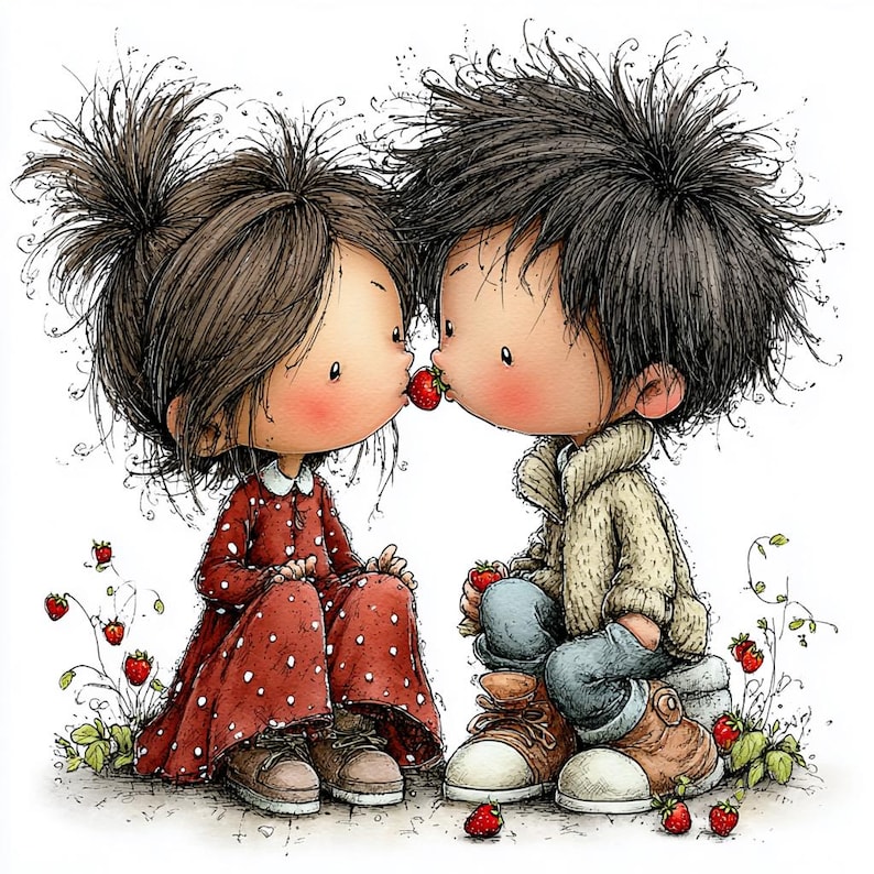 May include: A whimsical illustration depicts two cartoon children sharing a strawberry kiss. The girl wears a red polka-dot dress, while the boy is in a beige jacket and blue jeans. They sit among strawberry plants, creating a sweet, romantic scene.